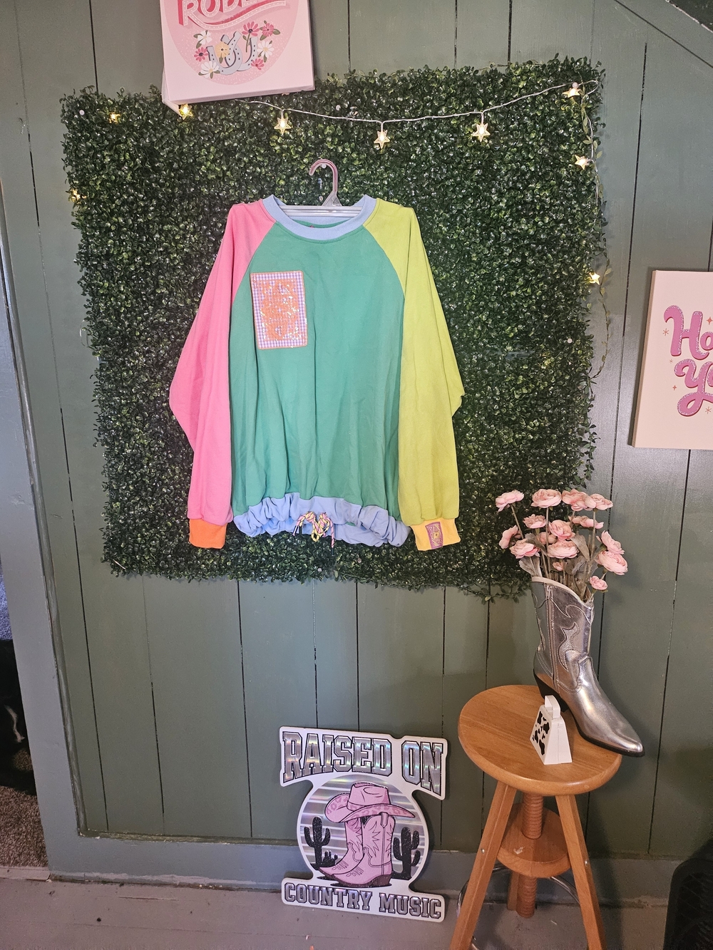 QUEEN OF SPARKLES Colorblock Pullover Sweatshirt - Pink, Green & Yellow